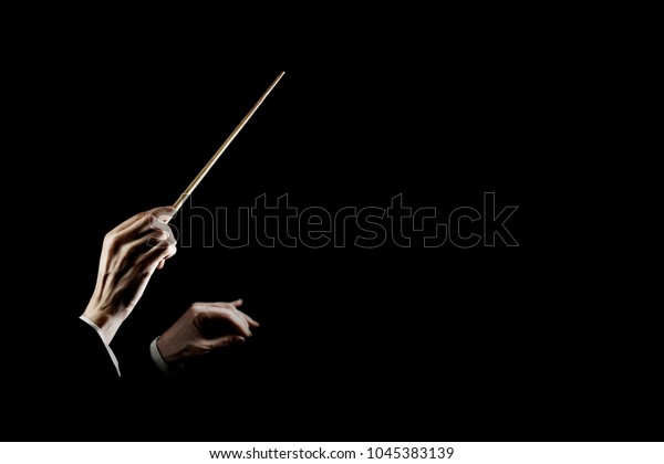 Orchestra conductor music conducting.\
Hands of conductor with baton isolated on black\
background