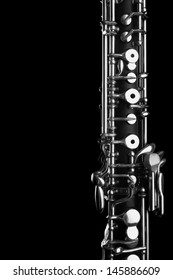 Orchestra Musical Instrument Oboe. Woodwind Classical Music Close Up On Black