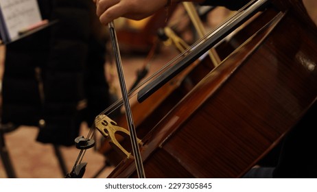 Orchestra musicians playing.
					String instruments