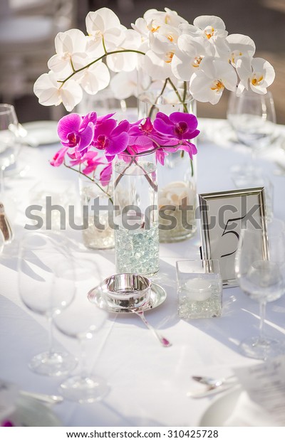 Orchid Centerpiece Outdoor Event Wedding Reception Stock Photo