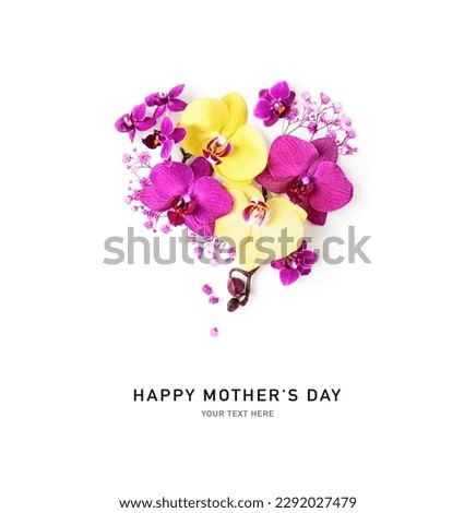 Orchid flowers and gypsophila bouquet creative layout. Flower composition isolated on white background. Holiday and happy mothers day concept. Design element. Flat lay, top view