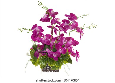 Orchid Plastic Flower Pink Color In Basket Interior And Outside Plant Flower In Isolated On White Background For Interior Design House Plant Pot Design, Clipping Path Included.