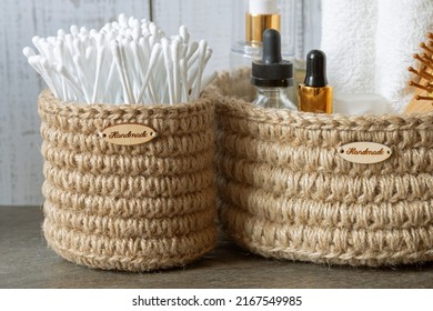 Order In The Bathroom, Cotton Swabs And Cosmetics In Knitted Boxes, Zero Waste Storage