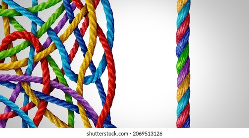 Order and chaos concept and organization or organize idea as a confused group of ropes with one organized rope.