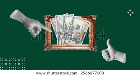 An order to create, steal a work of art, or buy up stolen goods. The hand points to the money frame while the other hand shows a gesture of approval. Minimalist art collage