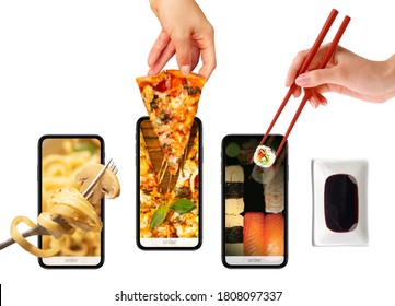Order and deliver food online. Pizza, pasta, sushi. Eat from your smartphone. Gadget on white background