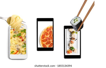 Order And Deliver Food Online. Pizza, Pasta, Sushi On The Smartphone Screen