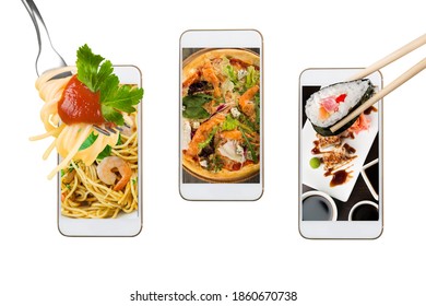 Order And Deliver Food Online. Pizza, Pasta, Sushi On The Smartphone Screen