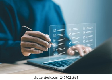 order detail process, task audit in a list of documents, tick the checkmark in the survey item on a laptop. tick mark evaluation in options check form online, business verify task. checklist concept