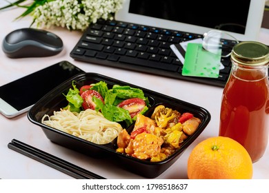 Order Food From Home Or Work Concept. Take Away Lunch. Chinese Food.