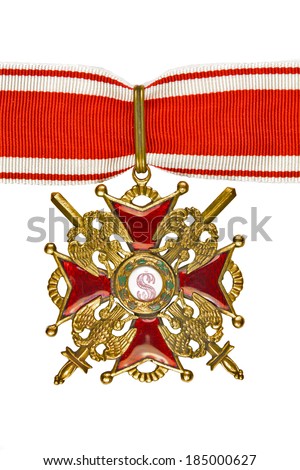 The Order of St. Stanislaus III  degree  with Swords on the tape on a white background. 