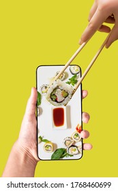 Order Sushi Set Using Mobile Phone App. Online Food Delivery Concept.