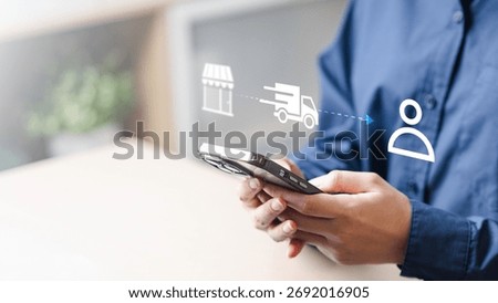 order, tracking, delivery, map, logistics, Person using smartphone to track online delivery with digital logistics icons, representing shipping status, courier service, and real-time route tracking.