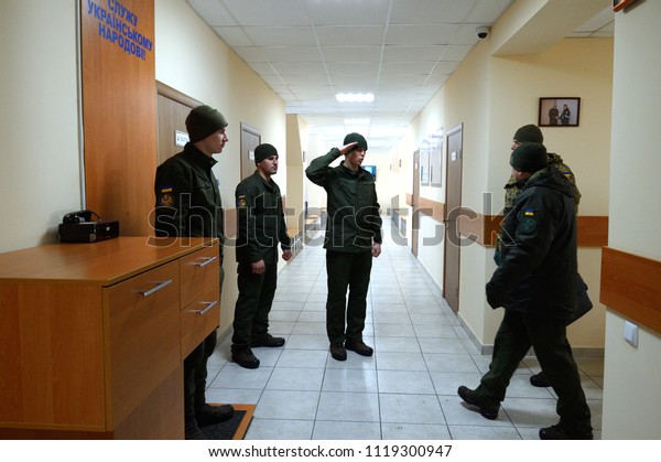 Orderly Man Reporting Officer Coming Corridor Stock Photo Edit