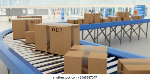Orders processed on conveyor belt. Cardboard boxes in logistics warehouse.