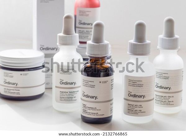 The Ordinary skincare brand by Deciem. Bottles with oil\
and treatments. Closeup of The Ordinary Serum. The ordinary serum\
bottle with white background, skincare bottle. Ukraine Kyiv\
03.03.2022. 