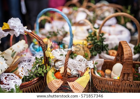 Ordination ceremony of Easter baskets in Polish church in Wroclaw. Collection of different  baskets inside the church, background and blur