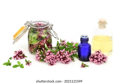 Oregano herb flowers, leaves, loose and steeped in oil with essential oil bottles. Used in natural herbal plant medicine. Eases IBS symptoms, is anti bacterial, anti inflammatory, anti coagulant.