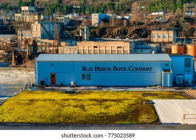 Oregon City, Oregon, USA - December 30, 2015:  No Longer Operating, The Blue Heron Paper Mill Along The Banks Of The Willamette River In Oregon City, Oregon Awaits Demolition.