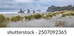 Oregon Coast in Autumn, sea stacks in light fog,  City of Bandon, Southern Oregon, USA.