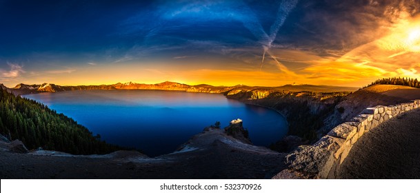 Oregon Landscape Crater Lake Panorama At Sunrise 