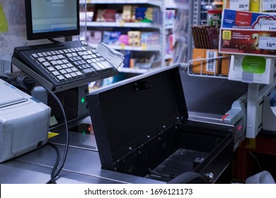 Orel, Russia - 04.05.2020. The Store Cash Desk Is Open And There Is Nothing In It. Shop Robbery