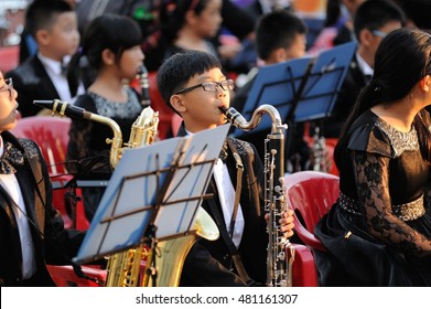 Orel, Russia - August 05, 2016: Orel city day. Orchrstra of chinese children on stage