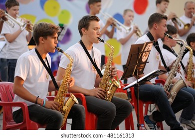 Orel, Russia - August 05, 2016: Orel city day. Young musicians playing in orchestra horizontal