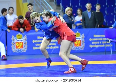 Orenburg, Russia - February 16, 2019: Girls competitions Self-defense without weapons in the Championship of the Orenburg region among boys and girls born 2003-2004 biennium of birth 