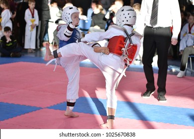 Orenburg, Russia - January 27, 2018 years: the kids compete in Taekwondo on the Championship School of Olympic Reserve No. 6.
