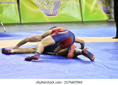 Orenburg, Russia - March 15-16, 2017: Boy compete in the sports wrestling at the Volga Federal District Championship in sports wrestling 