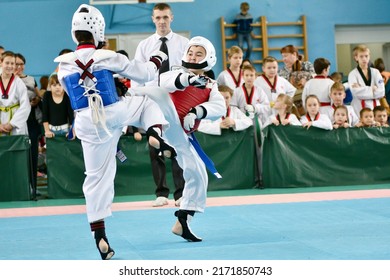 Orenburg, Russia - October 19, 2019: Boy compete in taekwondo (Korean martial arts) at Orenburg Open Taekwondo Championship
