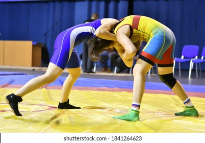 Orenburg, Russia - October 25-26, 2017: Girls compete in sports wrestling at the All-Russian tournament for the prizes of the Governor of Orenburg Region