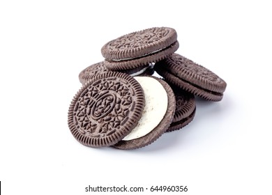 Oreo chocolate cookies sandwich on white background