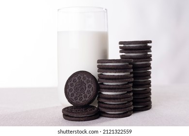  Oreo Chocolate Cream Cookies and A Glass of Milk on the Table  31- 01 - 2022 Istanbul - Turkey