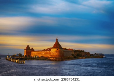 Oreshek fortress at the source of the Neva on Lake Ladoga. The Oreshek fortress got its name from the name of Orekhovoy Island, on which it was founded in 1323 by Prince Yuri Danilovich - Shutterstock ID 2383754231