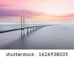 The Oresund bridge between Copenhagen Denmark and Malmo Sweden when sunset in an evening of May