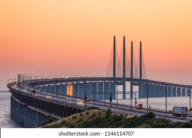 The Oresund Bridge Between Copenhagen Denmark And Malmo Sweden In Summer Sunset