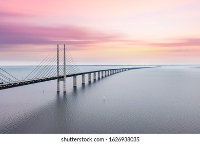 The Oresund bridge between Copenhagen Denmark and Malmo Sweden when sunset in an evening of May - Powered by Shutterstock