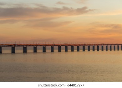 The Oresund Bridge Between Copenhagen Denmark And Malmo Sweden When Sunset In May