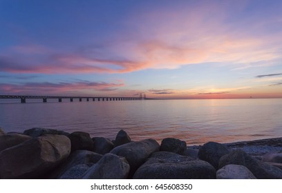 The Oresund Bridge Between Copenhagen Denmark And Malmo Sweden When Sunset In May