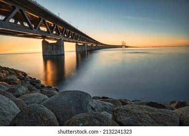 Oresund Bridge, Connecting Copenhagen Denmark And Malmo Sweden At Sunset