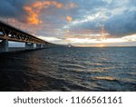 The Øresund (Oresund) Bridge seen from the Sweden side on sunset