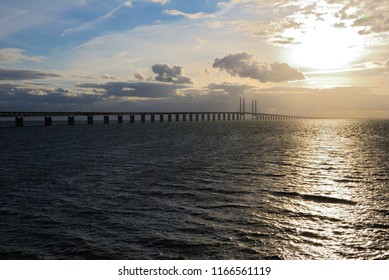 The Øresund (Oresund) Bridge Seen From The Sweden Side On Sunset