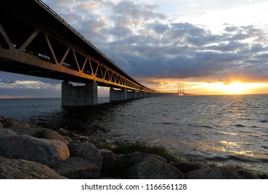 The Øresund (Oresund) Bridge Seen From The Sweden Side On Sunset