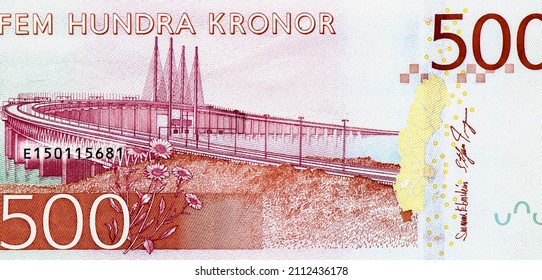 The Oresund Bridge in the Swedish region of Scania., Portrait from Sweden 500 Kronor 2015 Banknotes.