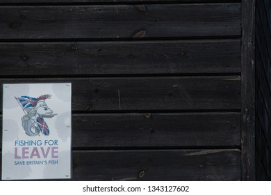 Orford, Suffolk/UK - October 21st 2018: Brexit Fishing For Leave Sign On Side Of Fishing Shed.  