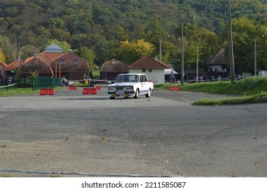 Orfű (Orfu), Hungary - October 8th 2022: A Modified Lada (soviet Car) Rally Car Doing Slalom At A Rally Event 