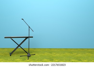 An Organ Piano And A Stand Microphone On A Blue Background And Grass Carpet.