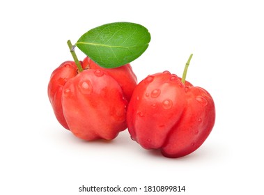 Organic Acerola Cherry With Green Leaf And Water Droplets  Isolated On White Background.